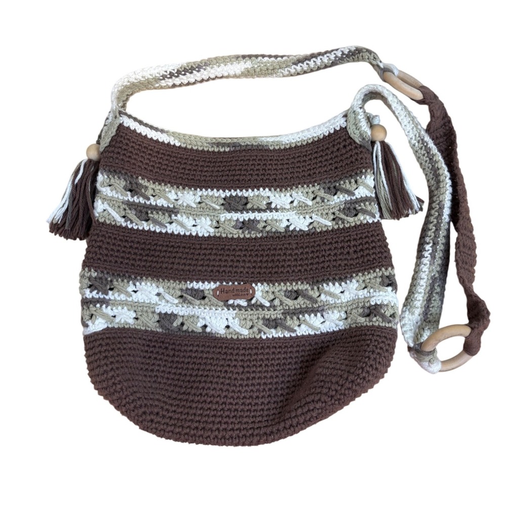 Handmade Crochet Crossbody Bag Brown Boho Tassel Wood Bead Striped Knit Purse